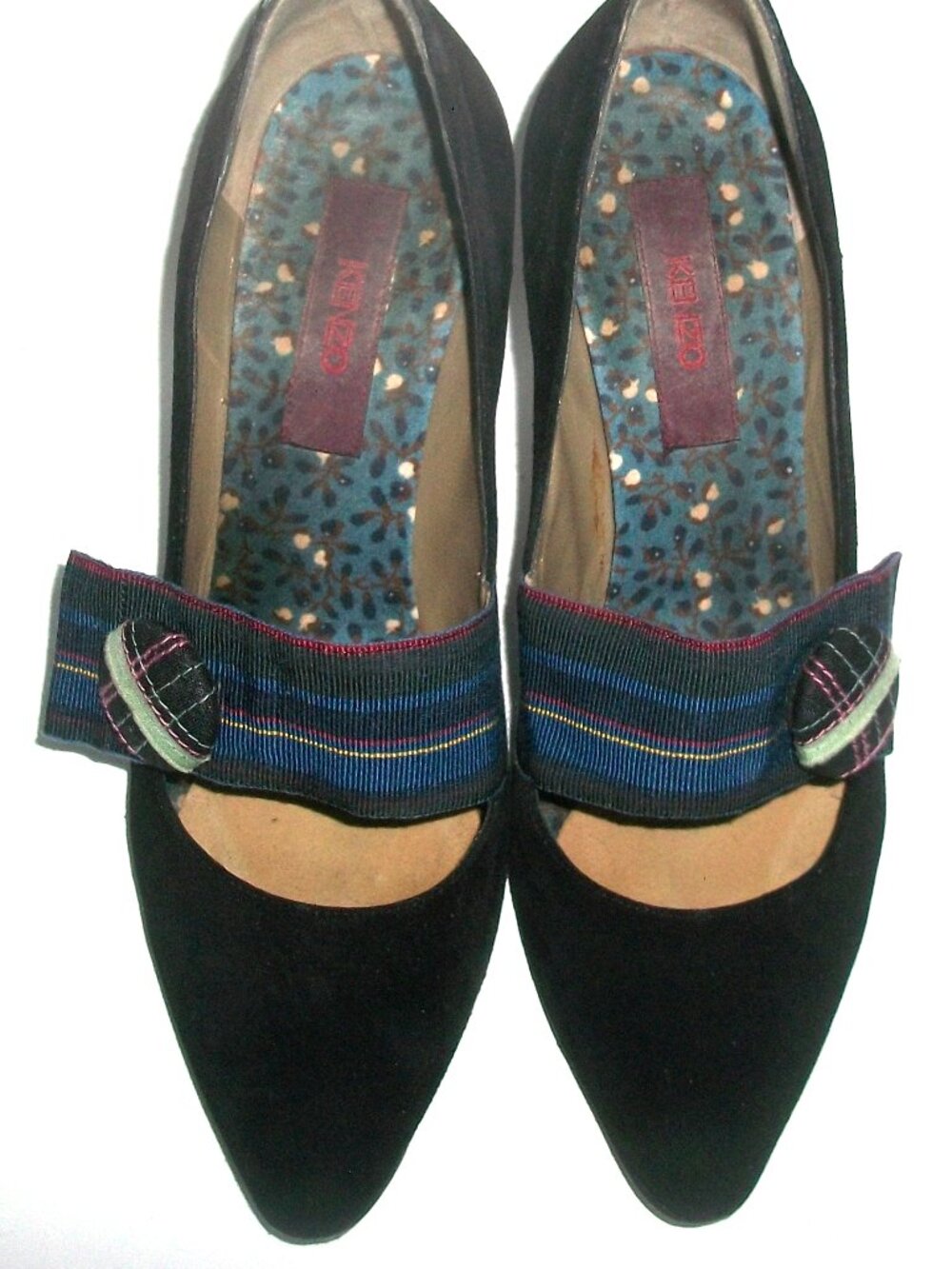 Kenzo Paris Vintage 90's Black Suede Pumps w Striped & Plaid Embellishment